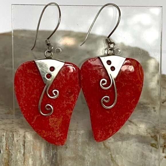 Sterling Silver 925 1.83" Red Sponge Coral Scrollwork Dangle Earrings 4.6g - Picture 12 of 16